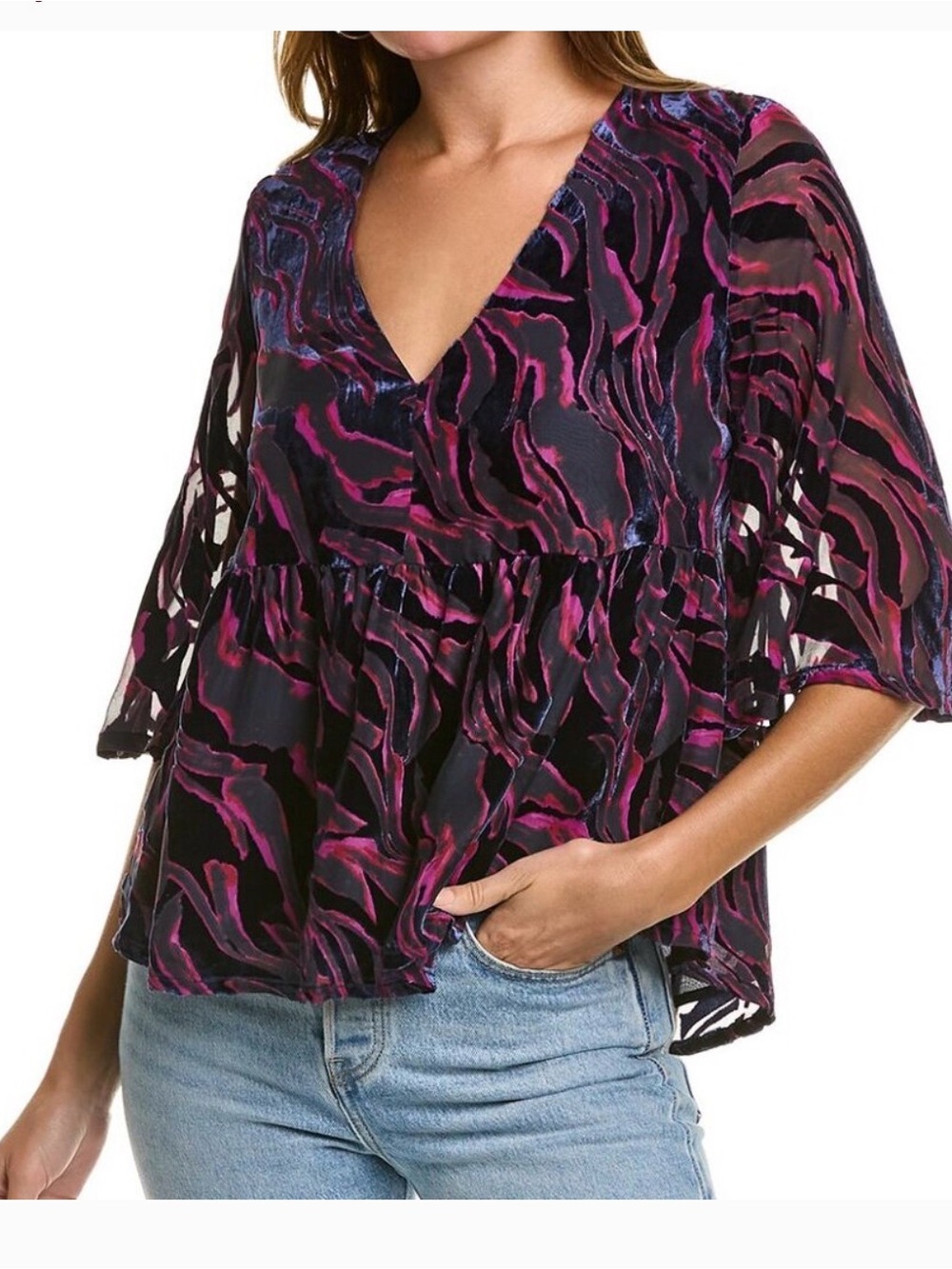 Johnny Was V-Neck Peplum Blouse - Pink & Black
